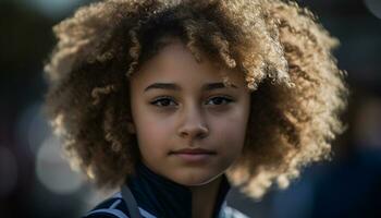 un linda africano niña con Rizado pelo sonriente al aire libre generado por ai foto