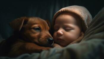 un linda pequeño perro durmiendo, abrazando un recién nacido bebé generado por ai foto