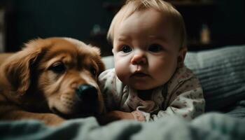 Cute child embraces small dog, portraying love and innocence generated by AI photo