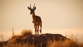 silueta de con cuernos mamífero en pie en africano desierto a puesta de sol generado por ai foto