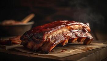 A la parrilla Cerdo costilla, rústico y cocido, Listo a comer en de madera mesa generado por ai foto