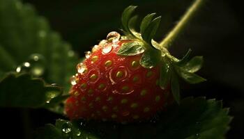 Strawberry leaf, fresh fruit, green plant, wet drop, sweet dessert generated by AI photo