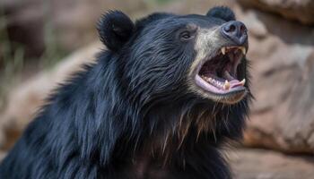 Cute monkey yawning, looking at camera, mouth open, furry and wet generated by AI photo