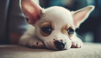 Cute puppy playing with toy, looking at camera, indoors generated by AI photo