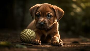 Cute puppy playing with a toy in the green grass generated by AI photo