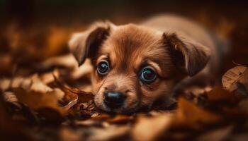 Cute puppy sitting on grass, looking at camera, playful and small generated by AI photo