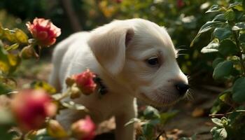 Cute puppy sitting in the grass, enjoying the sunny day generated by AI photo