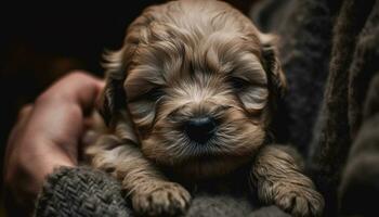 Cute puppy sitting outdoors, looking at camera with innocence and love generated by AI photo