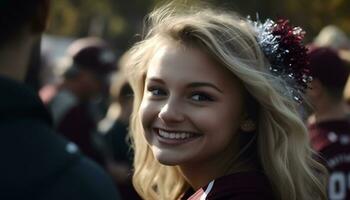 sonriente mujer al aire libre, alegre felicidad en joven adulto divertido generado por ai foto