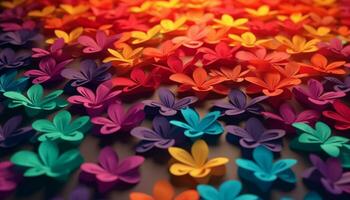 Multi colored abstract pattern of flowers and butterflies on vibrant backdrop generated by AI photo