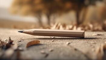 Wooden pencil on table, paper background, creative education in nature generated by AI photo