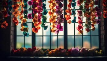 Bright flower blossom, hanging lantern, glass vase, vibrant colors illuminate generated by AI photo