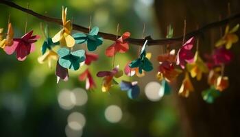 Multi colored leaf decoration hanging on tree branch outdoors generated by AI photo