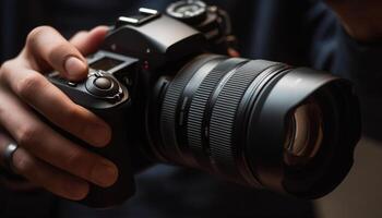 Young adult photographer holding camera, focusing on foreground for photo shoot generated by AI