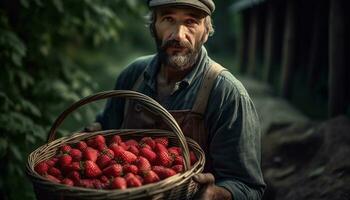 A bearded farmer in the forest, holding a basket of fresh fruit generated by AI photo