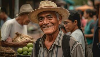 sonriente mayor hombres de venta fruta, al aire libre, en tradicional ropa generado por ai foto