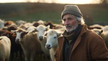 A smiling farmer in warm clothing looks at the camera generated by AI photo