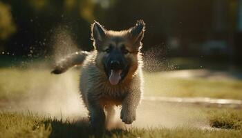 un linda alemán pastor perrito jugando en el mojado césped generado por ai foto