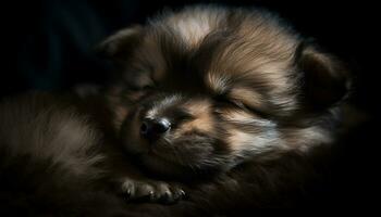 linda perrito durmiendo, mullido pelo, ojos cerrado, pequeño y adorable generado por ai foto