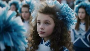 Cute girls in blue uniforms learning, smiling, and cheering together generated by AI photo