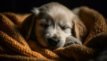 Cute puppy sleeping, fluffy fur, innocence in close up generated by AI photo