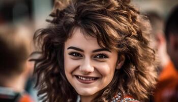 sonriente joven mujer, felicidad en retrato, alegre y confidente generado por ai foto