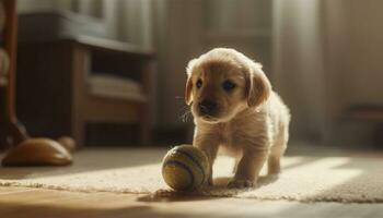 Cute puppy playing with toy ball indoors, purebred retriever generated by AI photo