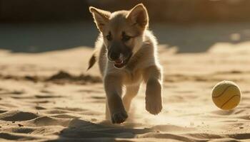 Cute puppy playing with ball in sunny outdoor nature generated by AI photo