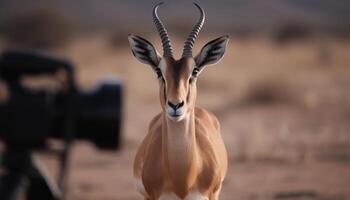 Impala standing in the wilderness, looking at camera, portrait generated by AI photo