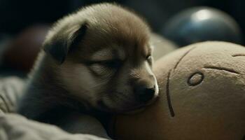 linda perrito jugando con un juguete, descansando en un suave cama generado por ai foto