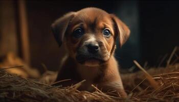 linda perrito jugando al aire libre, mirando a cámara con inocente ojos generado por ai foto