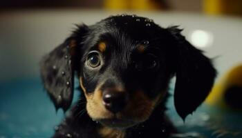 Cute puppy sitting, wet fur, playful, looking at camera outdoors generated by AI photo
