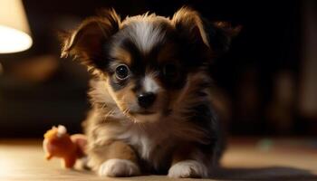 Cute puppy sitting, looking at camera, playing with fluffy toy generated by AI photo