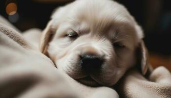 Cute puppy sleeping, small and tired, resting on fluffy blanket generated by AI photo
