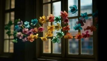 Bright yellow flower blossoms decorate the modern glass window sill generated by AI photo