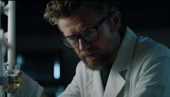 A serious scientist in a lab coat analyzing a scientific experiment generated by AI photo