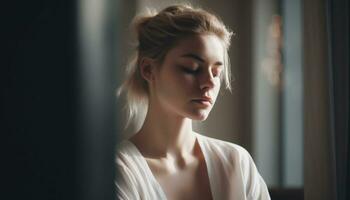 Young adult woman, with blond hair, looking out window, feeling lonely generated by AI photo