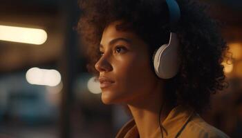 joven mujer escuchando a música al aire libre, sonriente, vistiendo casual ropa generado por ai foto