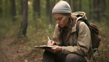 A man sitting outdoors, reading a book in the forest generated by AI photo