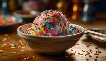 A vibrant, multi colored ice cream sundae on a wooden plate generated by AI photo