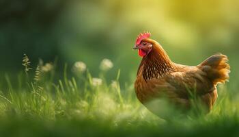 un hermosa verano prado con pollos pasto en el luz de sol generado por ai foto