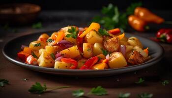 Freshness and healthy eating on a wooden table, vegetarian meal generated by AI photo