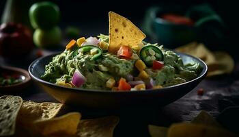 Fresco guacamole en un tortilla chip, un delicioso mexicano aperitivo generado por ai foto