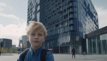 A cheerful schoolboy standing outdoors, looking at the skyscraper generated by AI photo