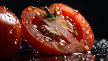 Freshness and nature reflected in a wet tomato slice on black background generated by AI photo