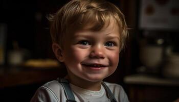 un lindo, sonriente chico en un cocina, lleno de felicidad generado por ai foto