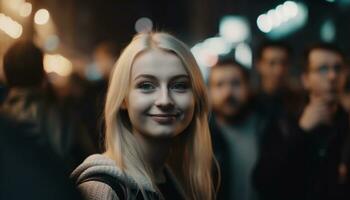 Smiling young women enjoying night, friendship and togetherness generated by AI photo