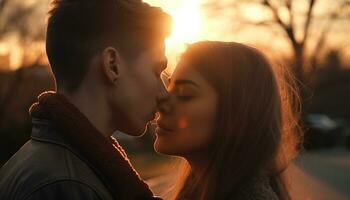 joven Pareja abrazando, besando, disfrutando atardecer, creando hermosa recuerdos juntos generado por ai foto