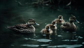 Cute duckling quacking, swimming in pond, surrounded by nature beauty generated by AI photo