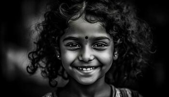 Smiling child outdoors, happiness in black and white portrait generated by AI photo